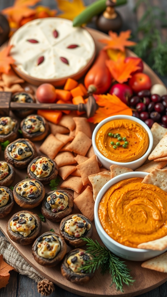 A festive Thanksgiving appetizer spread featuring stuffed mushrooms, cheese board, and vibrant dips.
